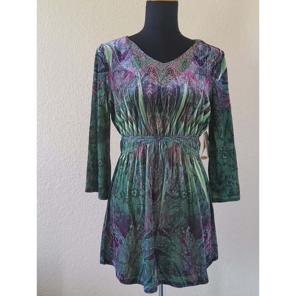 NWT One World Green Paisley Velvet Smocked Boho Tunic Top Size XS